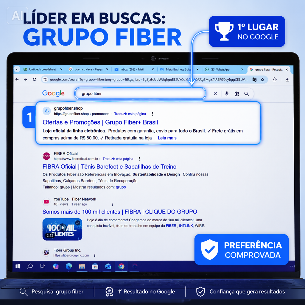 Grupo Fiber+ Brasil em 1º lugar no Google — resultado orgânico Atlas Growth